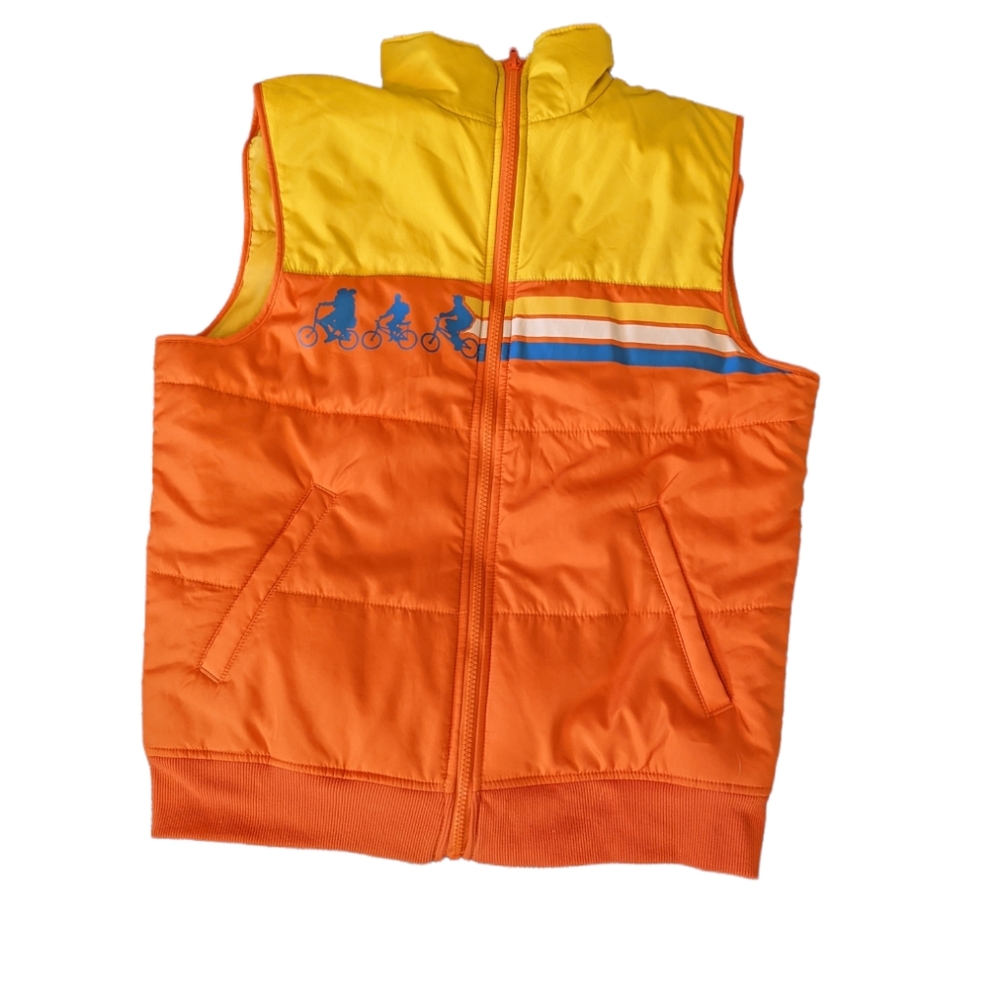 Stranger Things puffer vest size small yellow orange blue and white stripes